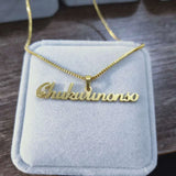Punk Box Chain Name Pendant Necklace Stainless Steel Cursive Nameplate