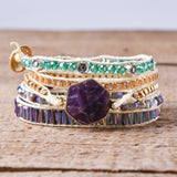 Amethyst 5-Layer Leather Cuff Punk Bracelet