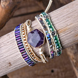 Amethyst 5-Layer Leather Cuff Punk Bracelet