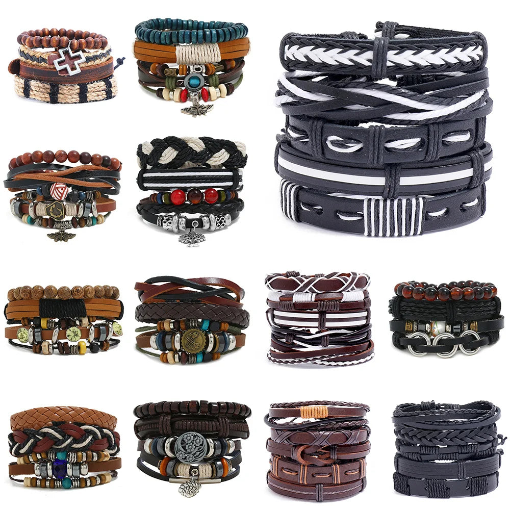 Vintage Multilayer Leather Braid Bracelet with Skull Charm Pendant