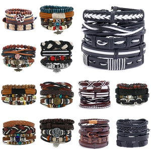 Vintage Multilayer Leather Braid Bracelet with Skull Charm Pendant