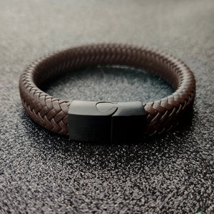Punk Charm Black/Brown Braided Leather Bracelet with Magnetic Clasp