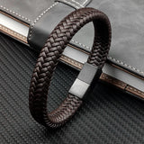 Punk Charm Black/Brown Braided Leather Bracelet with Magnetic Clasp