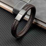 Punk Charm Black/Brown Braided Leather Bracelet with Magnetic Clasp