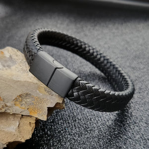 Punk Charm Black/Brown Braided Leather Bracelet with Magnetic Clasp
