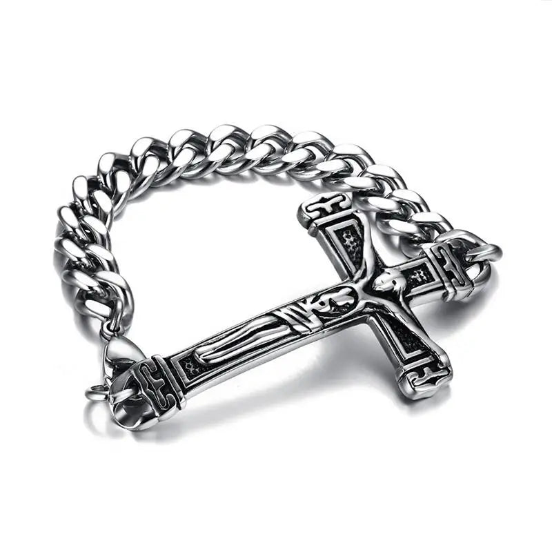 Punk Christ Cross Bracelet Catholic INRI Crucifix Cuban Link Chain Bangle