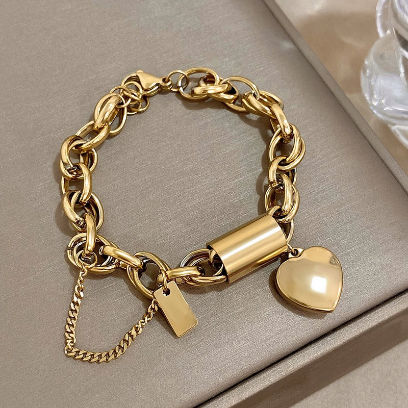 Punk Thick Chain Stainless Steel Bracelet Heart Pendant Jewelry Gift