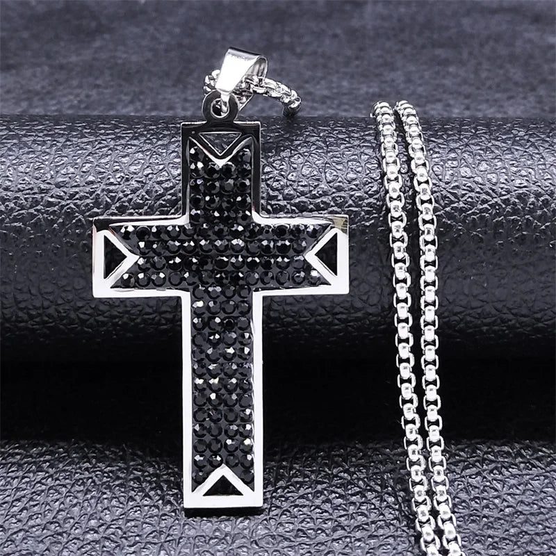Punk Cross Pendant Necklace Stainless Steel Crystal Christian Men Necklaces