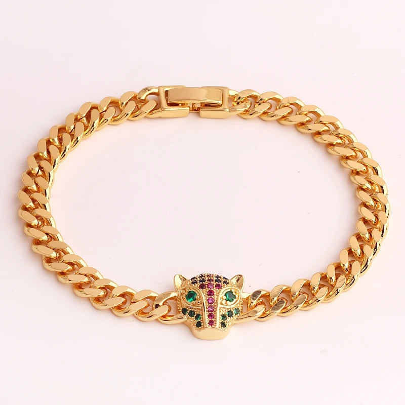 Punk Cuban Chain Bracelet Rainbow CZ Leopard Head Charms Bracelets