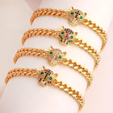 Punk Cuban Chain Bracelet Rainbow CZ Leopard Head Charms Bracelets