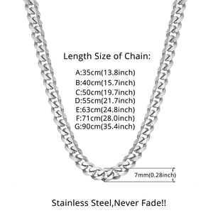 7mm Silver Stainless Steel Punk Cuban Link Chain Long Choker Necklace