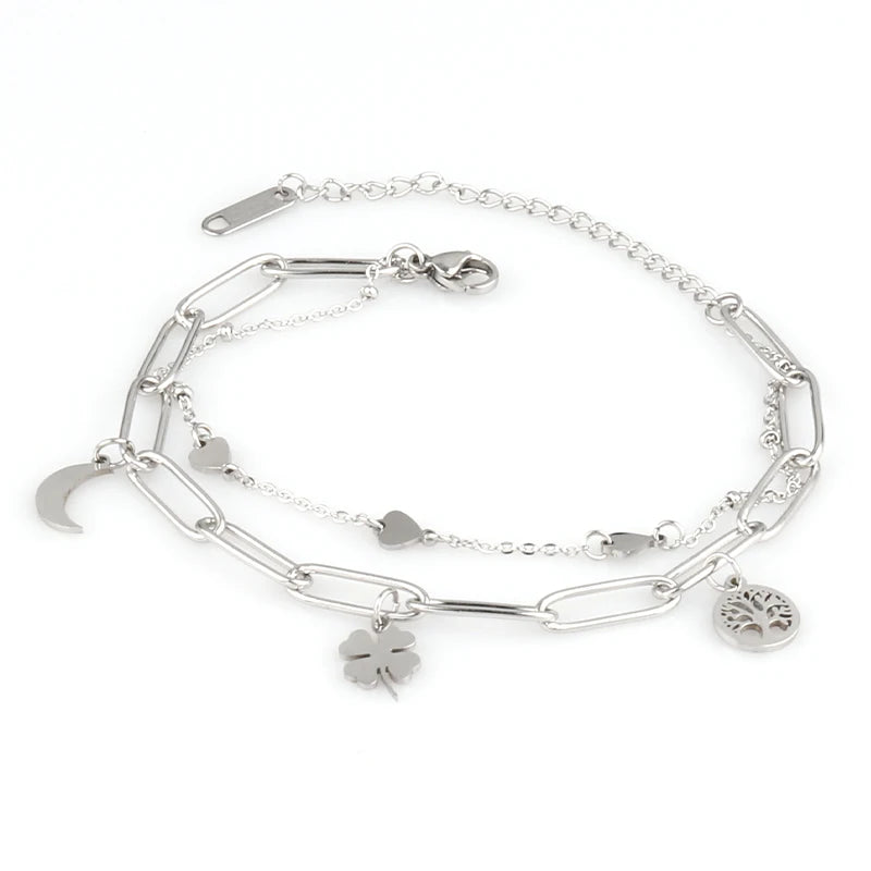 Punk Double Layer Chain Bracelet Coin Cross Pendant