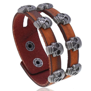 Punk Double Layer Skull Leather Bracelet Wide Brown Wrap Women Wristband