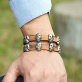 Punk Double Layer Skull Leather Bracelet Wide Brown Wrap Women Wristband