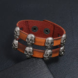 Punk Double Layer Skull Leather Bracelet Wide Brown Wrap Women Wristband
