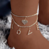 Punk Double Layer Tennis Chain Anklet Heart Pendants Ankle Chain Jewelry