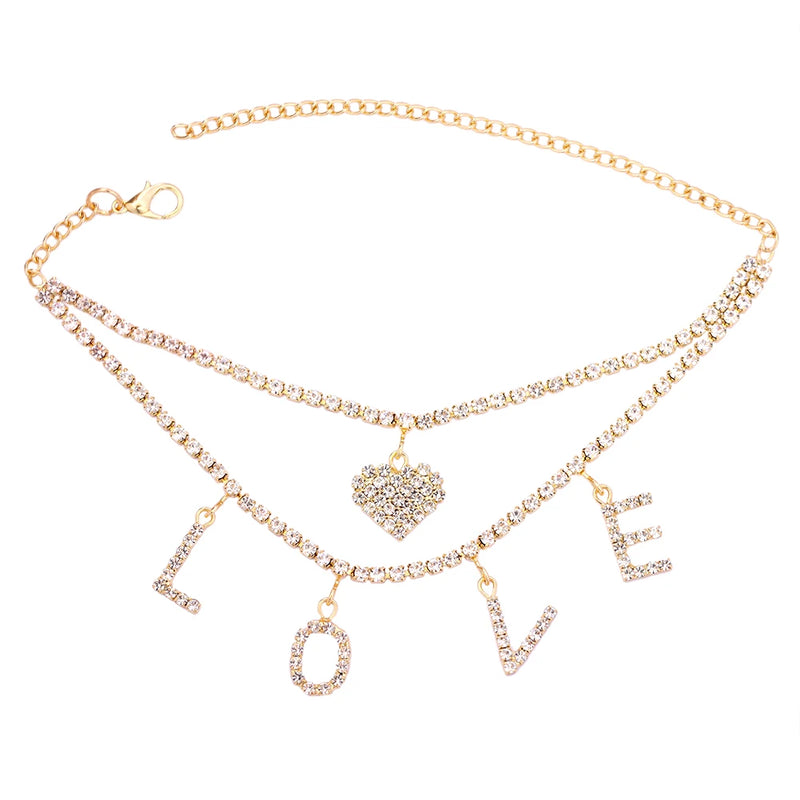 Punk Double Layer Tennis Chain Anklet Heart Pendants Ankle Chain Jewelry