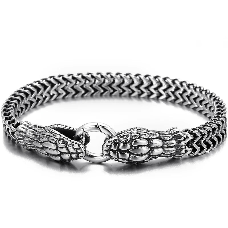 Punk Double Snake Head Man Bracelet Stainless Steel Chain On Hand