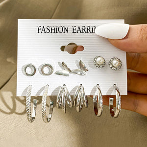 Punk Geometric Silver Hoop Earrings Set For Women