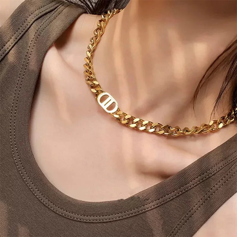Punk Guba Thick Chains D Letter Necklace Titanium Stainless Steel Choker