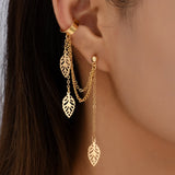 Punk Plated Leaves Ear Cuff Clip Tassel Chain Leaf Earrings