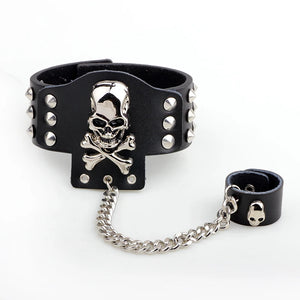 Punk Goth Chain Rivet Skull Leather Bracelets with Ring