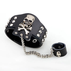 Punk Goth Chain Rivet Skull Leather Bracelets with Ring
