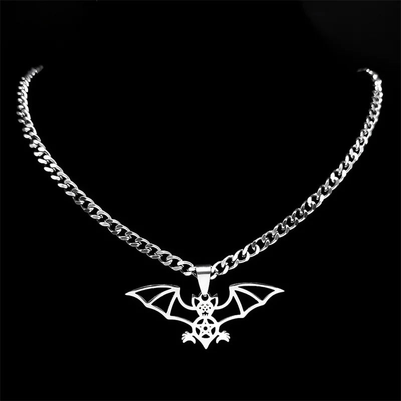Gothic Bat Pentagram Chain Necklace Stainless Steel Silver Halloween N9735S03