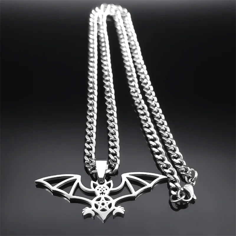 Gothic Bat Pentagram Chain Necklace Stainless Steel Silver Halloween N9735S03