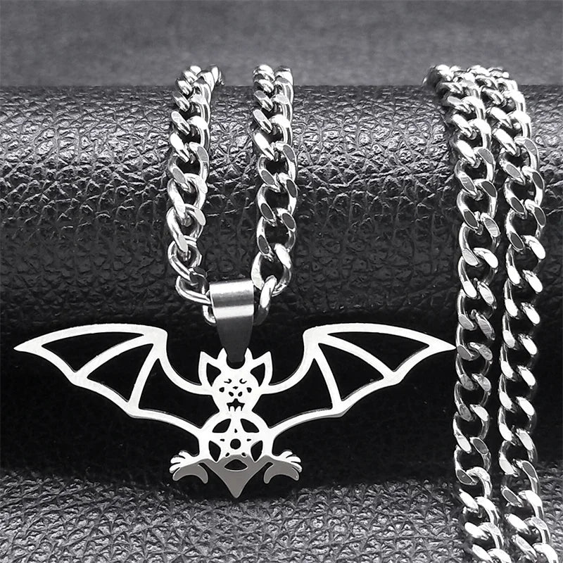 Gothic Bat Pentagram Chain Necklace Stainless Steel Silver Halloween N9735S03