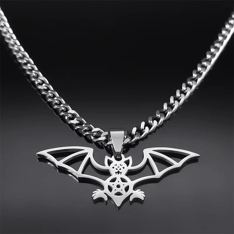 Gothic Bat Pentagram Chain Necklace Stainless Steel Silver Halloween N9735S03