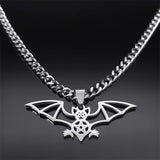 Gothic Bat Pentagram Chain Necklace Stainless Steel Silver Halloween N9735S03