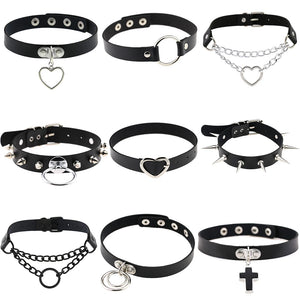 Punk Gothic Leather Heart Cross Choker Necklace Women Spike Rivet Neck Jewelry