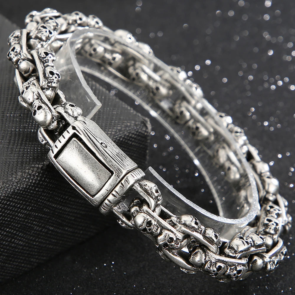 Punk Gothic Men's Bracelet Silver Skull Skeleton Chain