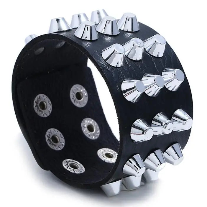 Punk Gothic Rock Leather Bracelet 3 Rows Spikes Rivet Cone Stud Biker Bangle