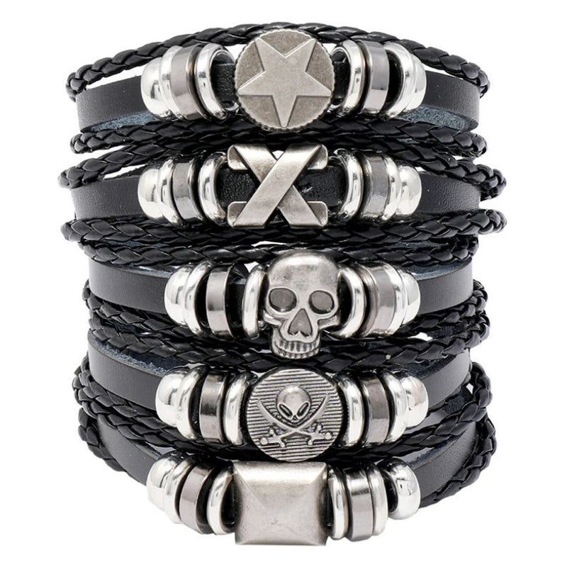 Men Skull Star Bracelet Leather Wrap Bangle