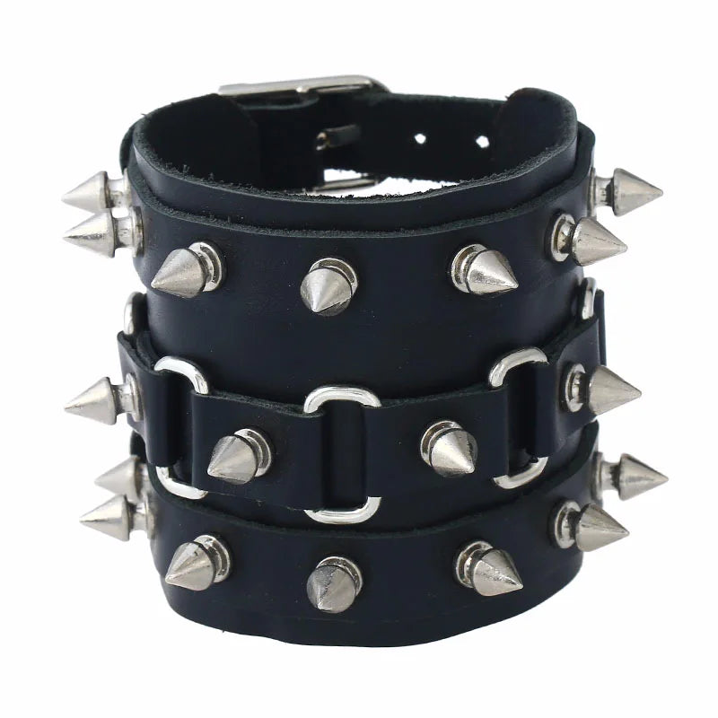 Cuspidal Spikes Rivet Cone Stud Cuff Bracelet Wide Leather Unisex Bangle