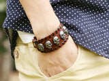 Punk Gothic Skull Braided Leather Cuff Bracelet Skeleton Charm Bangle
