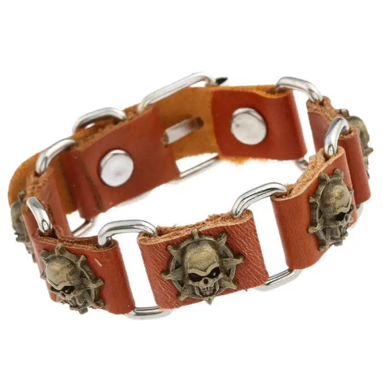 Punk Gothic Skull Cuff Bracelet Vintage Metal Sun Skeleton Charm Leather Bangle