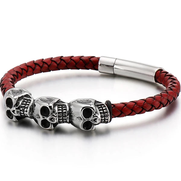 Gothic Leather Wrap Skull Bracelet for Men