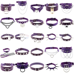 Punk Gothic Purple Leather Heart Choker Necklace for Women