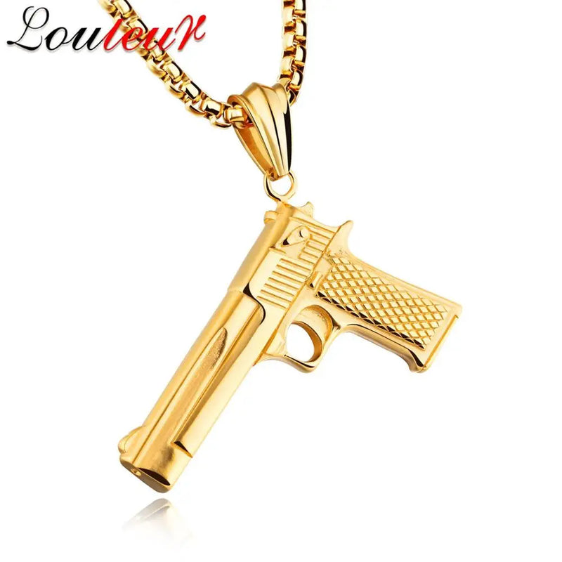 Punk Hip Hop Gun Pendant Necklace For Men Stainless Steel