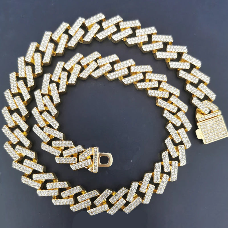 Punk Hip Hop Iced Out Rhinestones Chain Necklace 15mm Crystal Cuban Link Choker