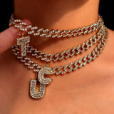 Punk HipHop Cuban Chain Letter Pendant Necklace Women Iced Out Choker