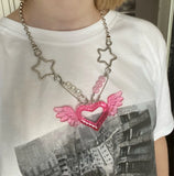 Pink Heart Shape Pendant Necklace for Women Nightclub Wings Star Pin Necklace