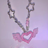 Pink Heart Shape Pendant Necklace for Women Nightclub Wings Star Pin Necklace