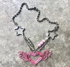 Pink Heart Shape Pendant Necklace for Women Nightclub Wings Star Pin Necklace