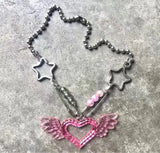 Pink Heart Shape Pendant Necklace for Women Nightclub Wings Star Pin Necklace