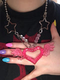 Pink Heart Shape Pendant Necklace for Women Nightclub Wings Star Pin Necklace