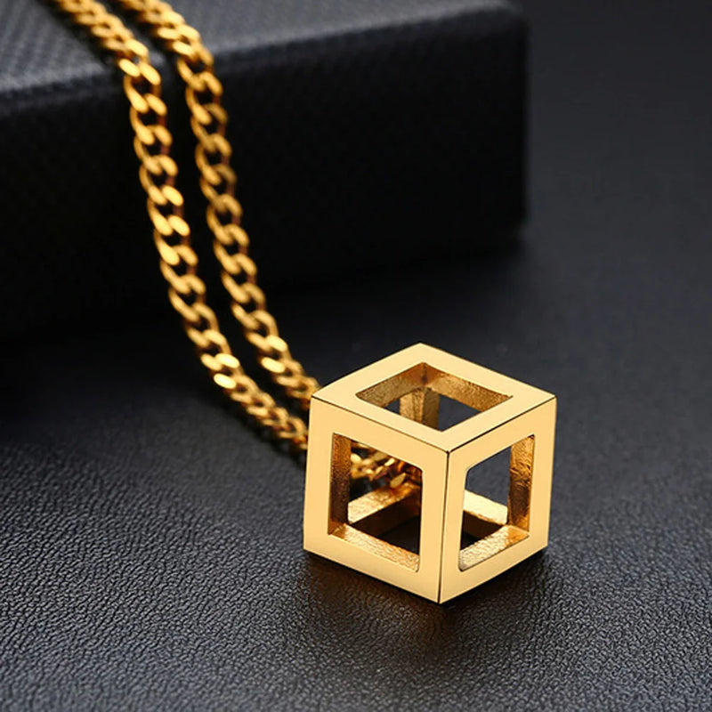 Punk Hollow Cube Pendant Necklace Stainless Steel Geometric Collier